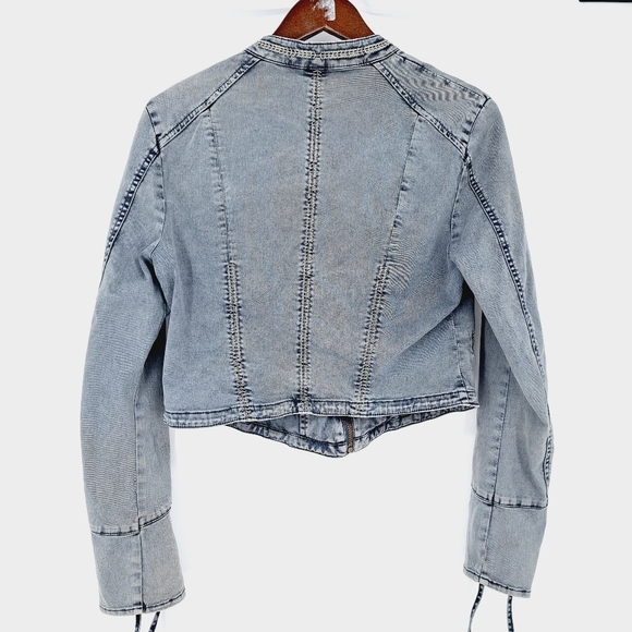 Free People Washed Gray Fitted Moto Racing Denim Jacket - Picture 3 of 9